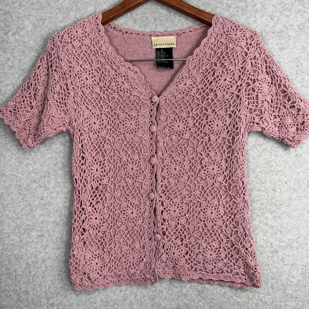 Apostrophe VTG Pink Crochet Knit Top Size S Silk Cotton Button Up Feminine Girly